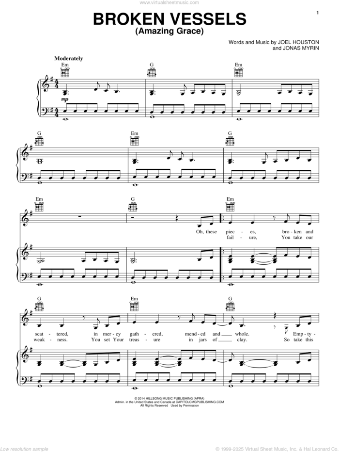 Broken Vessels (Amazing Grace) sheet music for voice, piano or guitar by Hillsong Worship, Joel Houston and Jonas Myrin, intermediate skill level