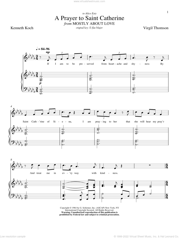 A Prayer To Saint Catherine sheet music for voice and piano (Low Voice) by Virgil Thomson, Richard Walters and Kenneth Koch, classical score, intermediate skill level