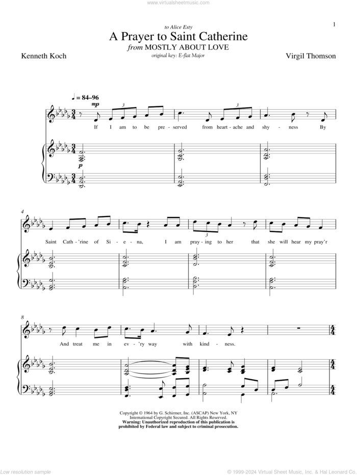 A Prayer To Saint Catherine sheet music for voice and piano (Low Voice) by Virgil Thomson, Richard Walters and Kenneth Koch, classical score, intermediate skill level