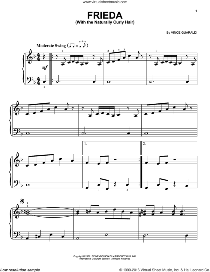 Frieda (With The Naturally Curly Hair), (easy) sheet music for piano solo by Vince Guaraldi, easy skill level