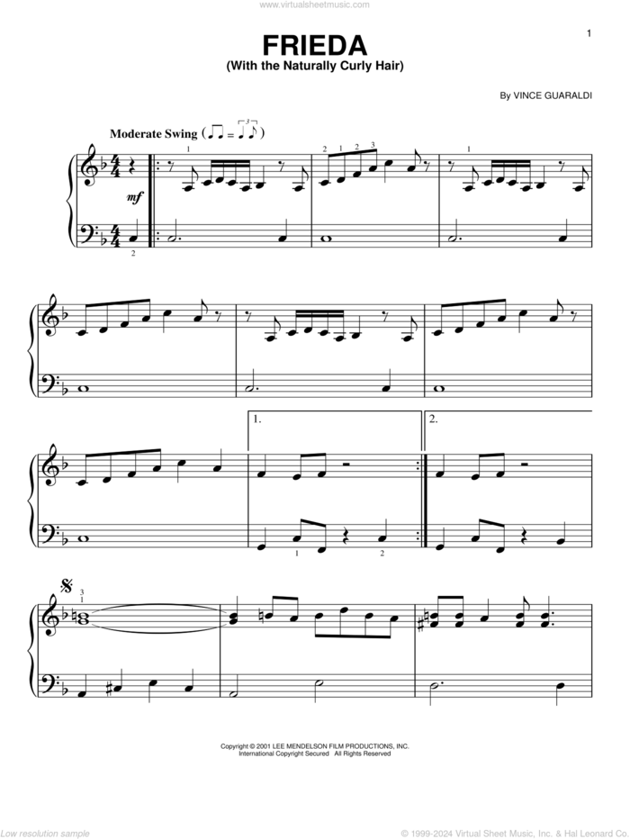 Frieda (With The Naturally Curly Hair), (easy) sheet music for piano solo by Vince Guaraldi, easy skill level