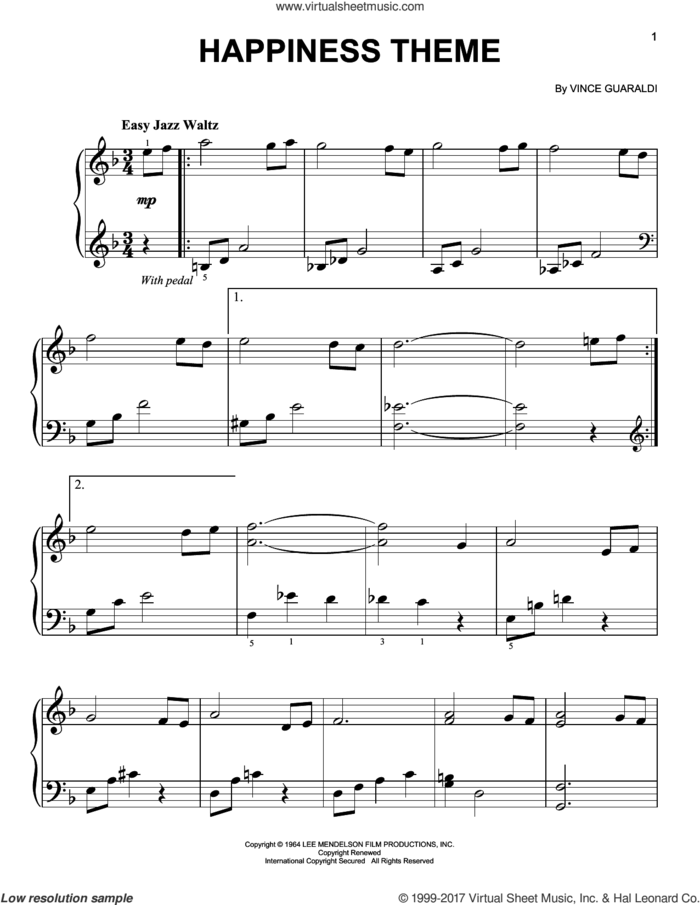 Happiness Theme sheet music for piano solo by Vince Guaraldi, easy skill level