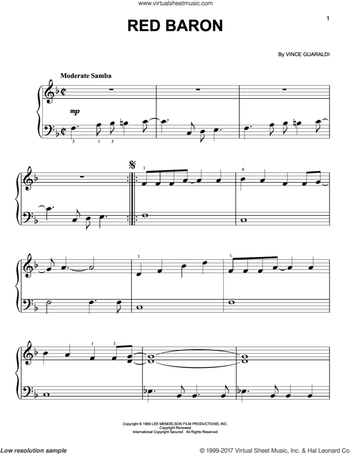 Red Baron sheet music for piano solo by Vince Guaraldi, easy skill level
