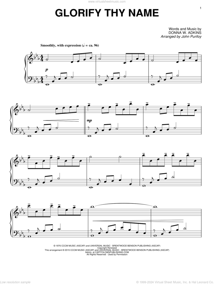 Glorify Thy Name (arr. John Purifoy) sheet music for piano solo by Donna Adkins and John Purifoy, intermediate skill level