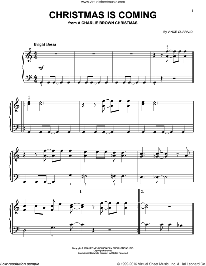 Christmas Is Coming, (easy) sheet music for piano solo by Vince Guaraldi, easy skill level