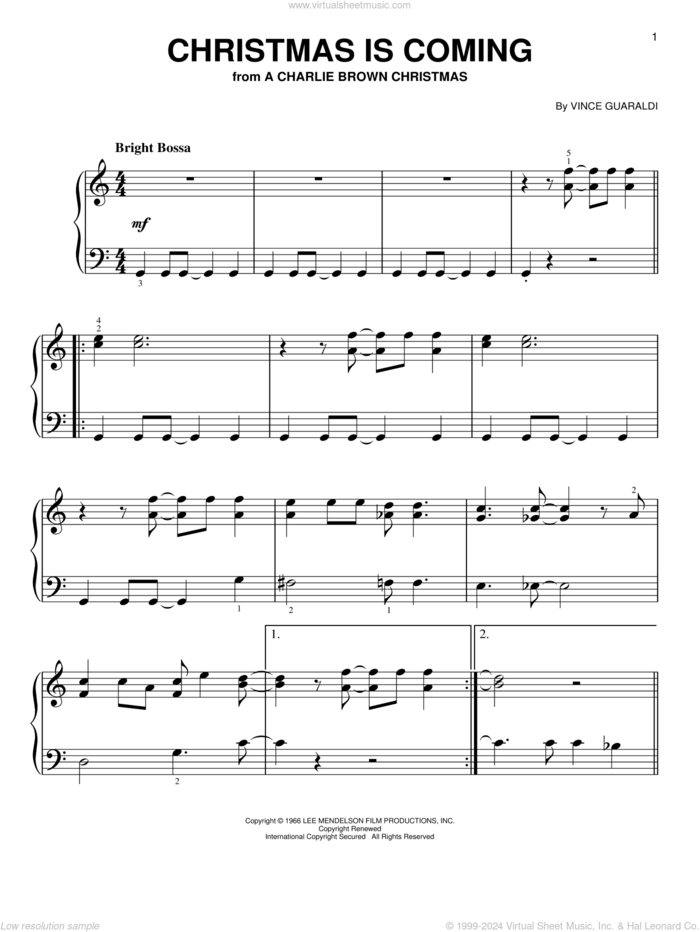 Christmas Is Coming, (easy) sheet music for piano solo by Vince Guaraldi, easy skill level