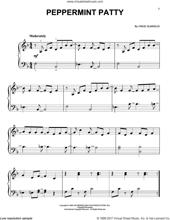 Peppermint Patty sheet music for piano solo by Vince Guaraldi, easy skill level