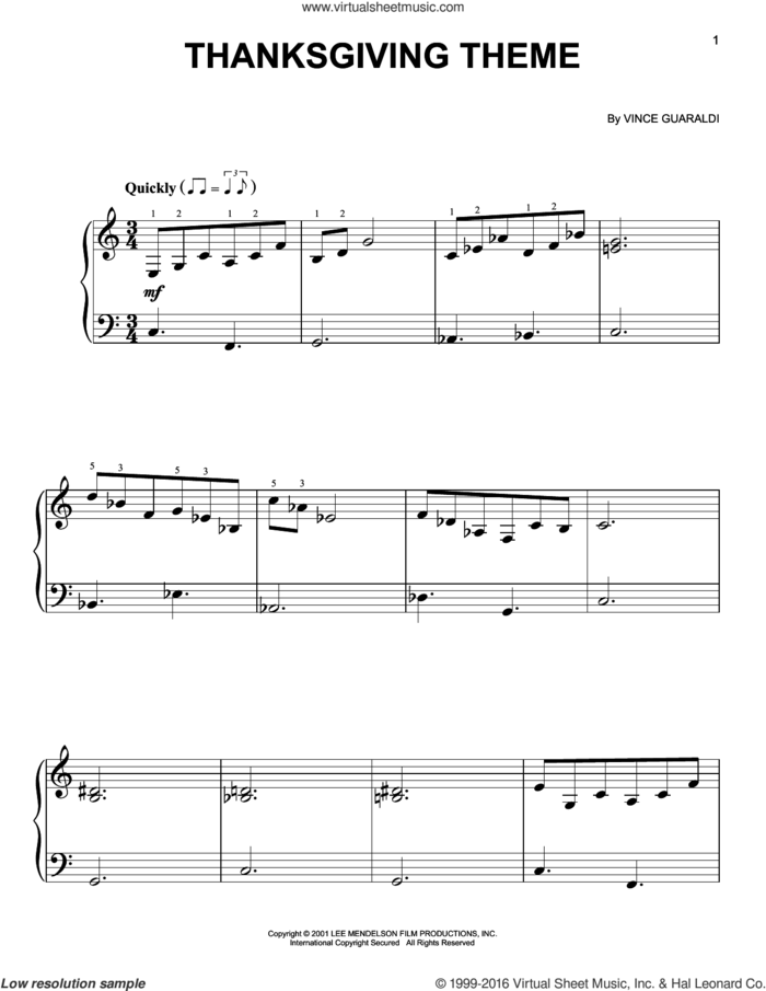 Thanksgiving Theme sheet music for piano solo by Vince Guaraldi, easy skill level