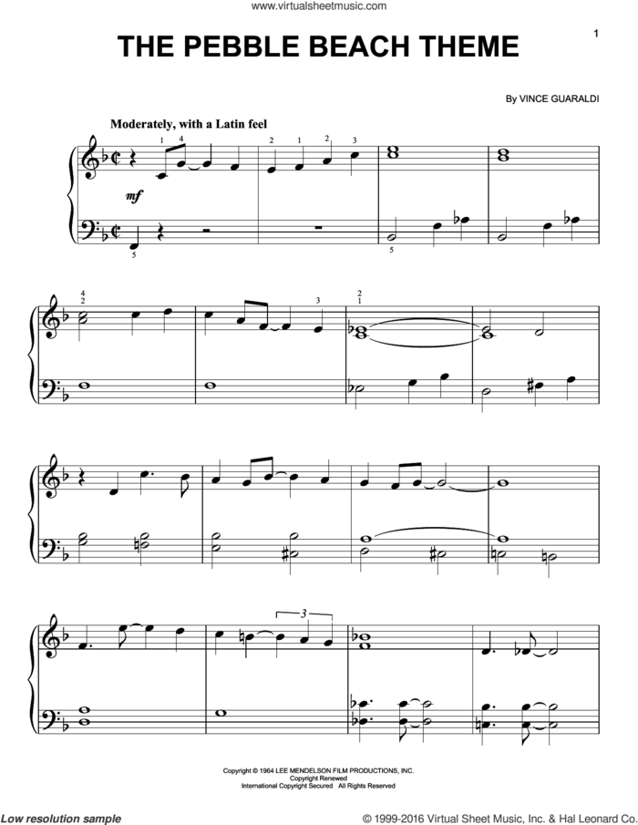 The Pebble Beach Theme sheet music for piano solo by Vince Guaraldi, easy skill level