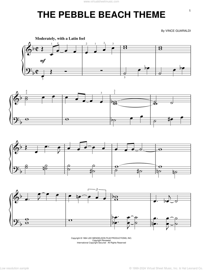 The Pebble Beach Theme, (easy) sheet music for piano solo by Vince Guaraldi, easy skill level