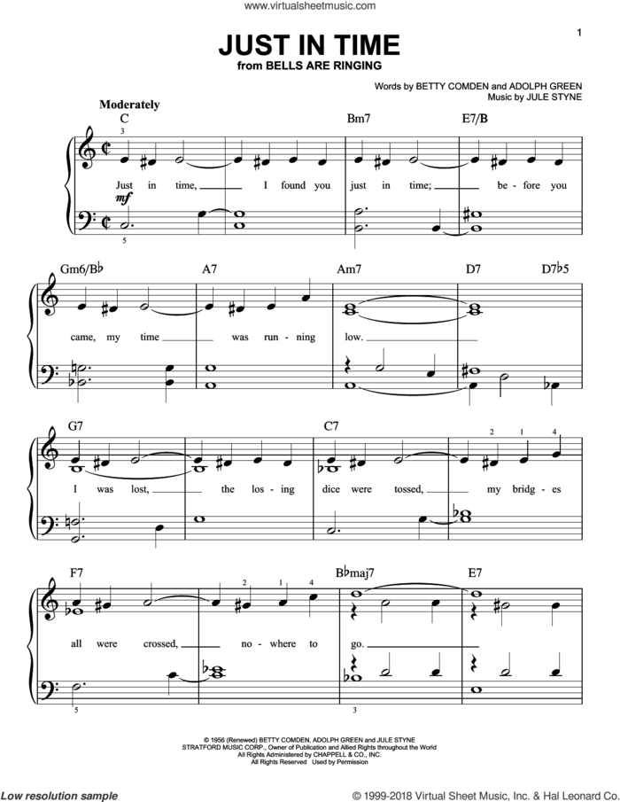 Just In Time, (beginner) sheet music for piano solo by Jule Styne, Adolph Green and Betty Comden, beginner skill level