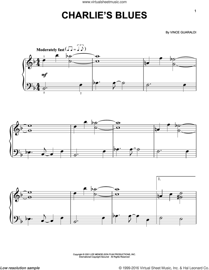 Charlie's Blues sheet music for piano solo by Vince Guaraldi, easy skill level