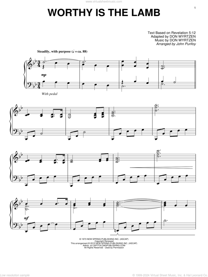 Worthy Is The Lamb sheet music for piano solo by John Purifoy and Don Wyrtzen, intermediate skill level