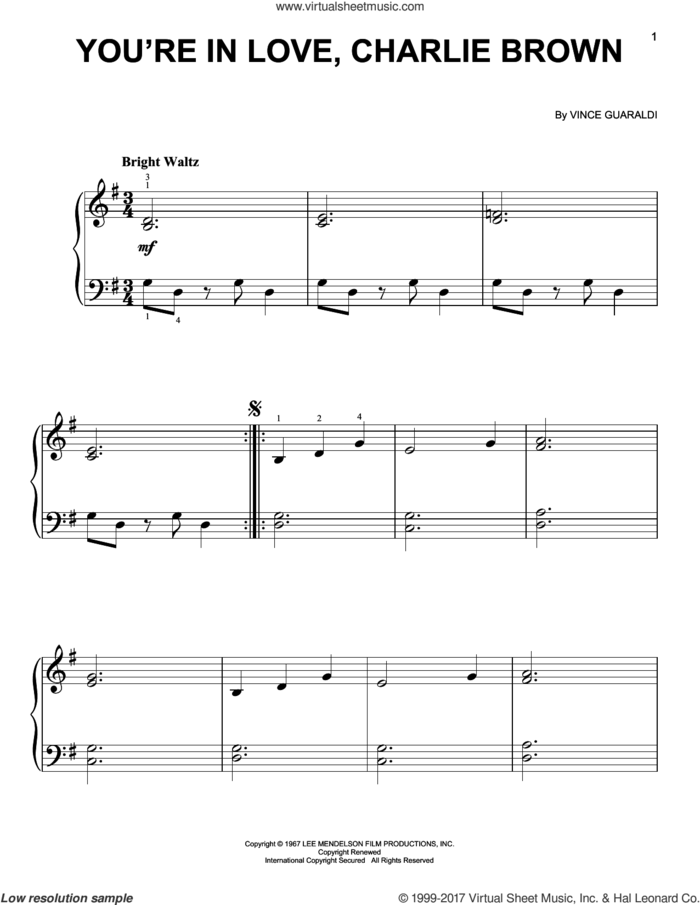 You're In Love, Charlie Brown sheet music for piano solo by Vince Guaraldi, easy skill level