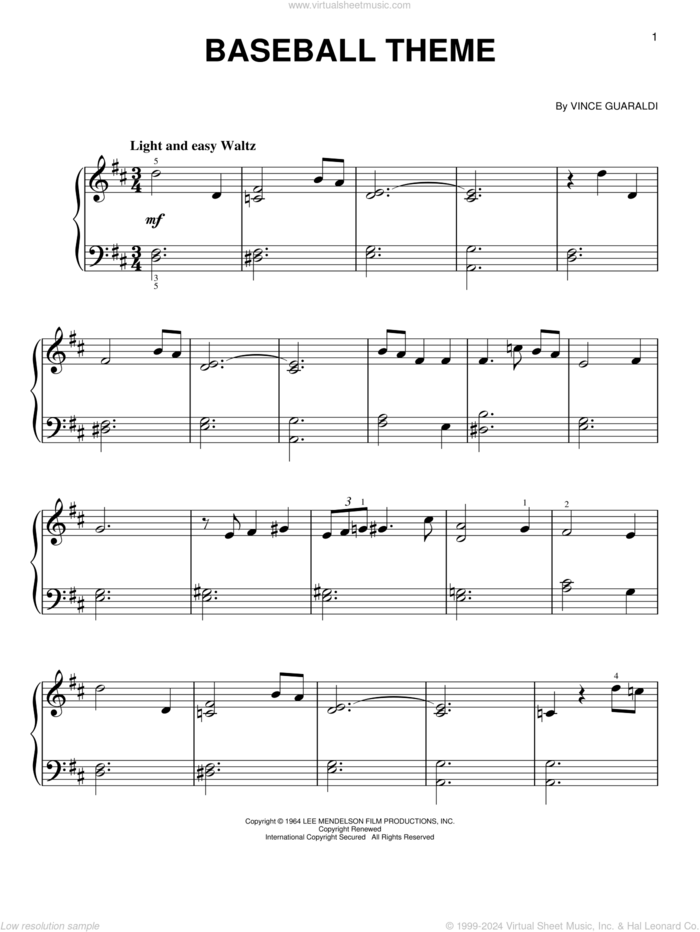 Baseball Theme sheet music for piano solo by Vince Guaraldi, easy skill level