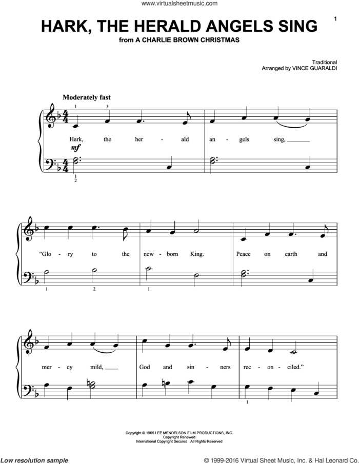 Hark, The Herald Angels Sing sheet music for piano solo by Vince Guaraldi, easy skill level