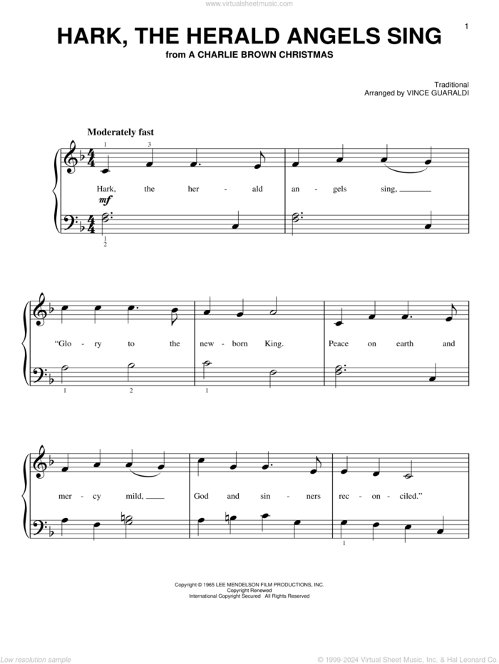 Hark, The Herald Angels Sing sheet music for piano solo by Vince Guaraldi, easy skill level