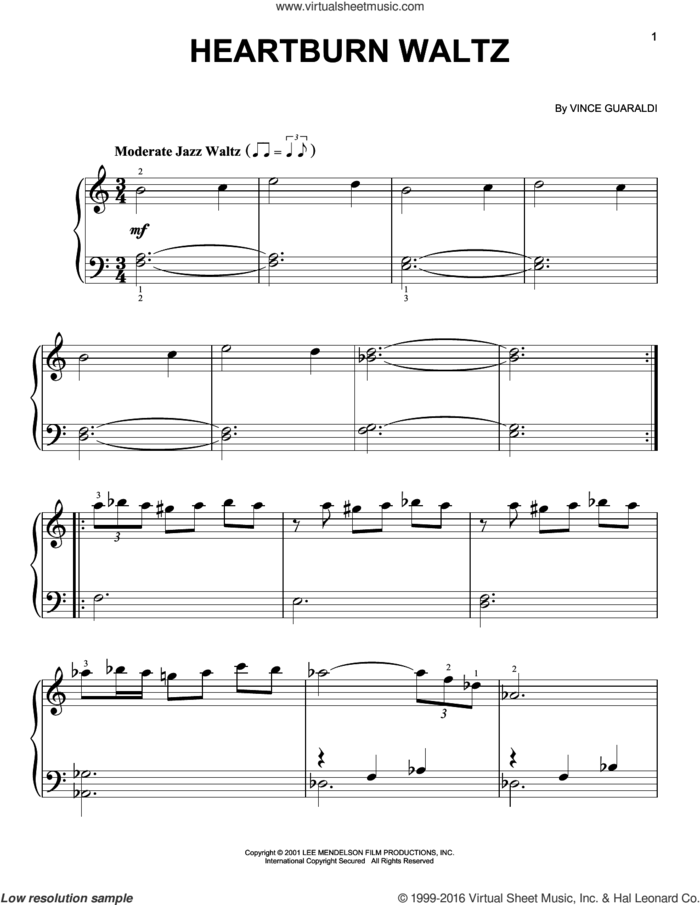 Heartburn Waltz sheet music for piano solo by Vince Guaraldi, easy skill level