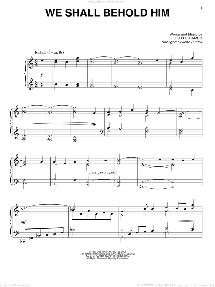 We Shall Behold Him sheet music for piano solo by Dottie Rambo and John Purifoy, intermediate skill level