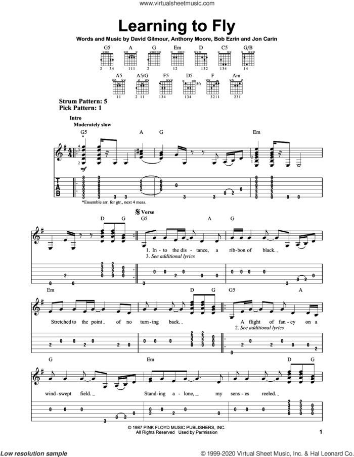 Learning To Fly sheet music for guitar solo (easy tablature) by Pink Floyd, Anthony Moore, Bob Ezrin, David Gilmour and Jon Carin, easy guitar (easy tablature)