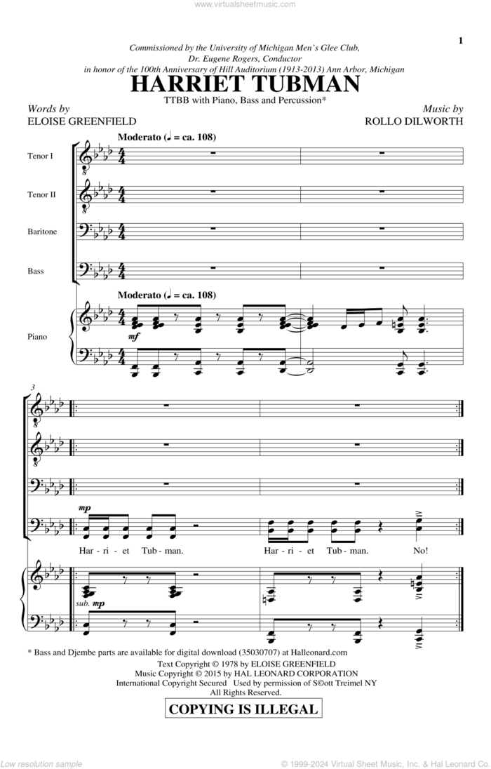 Harriet Tubman sheet music for choir (TTBB: tenor, bass) by Rollo Dilworth and Eloise Greenfield, intermediate skill level