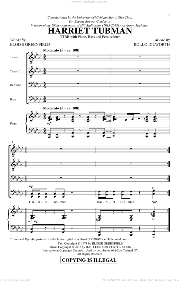 Harriet Tubman sheet music for choir (TTBB: tenor, bass) by Rollo Dilworth and Eloise Greenfield, intermediate skill level