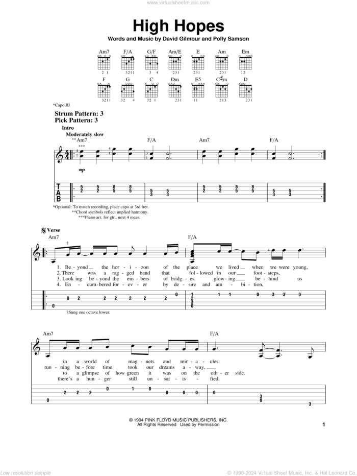 High Hopes sheet music for guitar solo (easy tablature) by Pink Floyd, David Gilmour and Polly Samson, easy guitar (easy tablature)