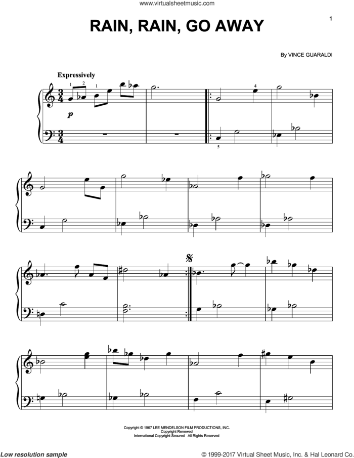 Rain, Rain, Go Away sheet music for piano solo by Vince Guaraldi, easy skill level