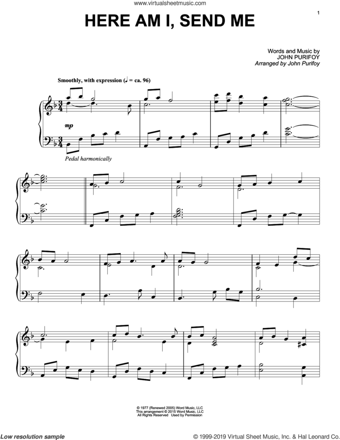 Here Am I, Send Me sheet music for piano solo by John Purifoy, intermediate skill level