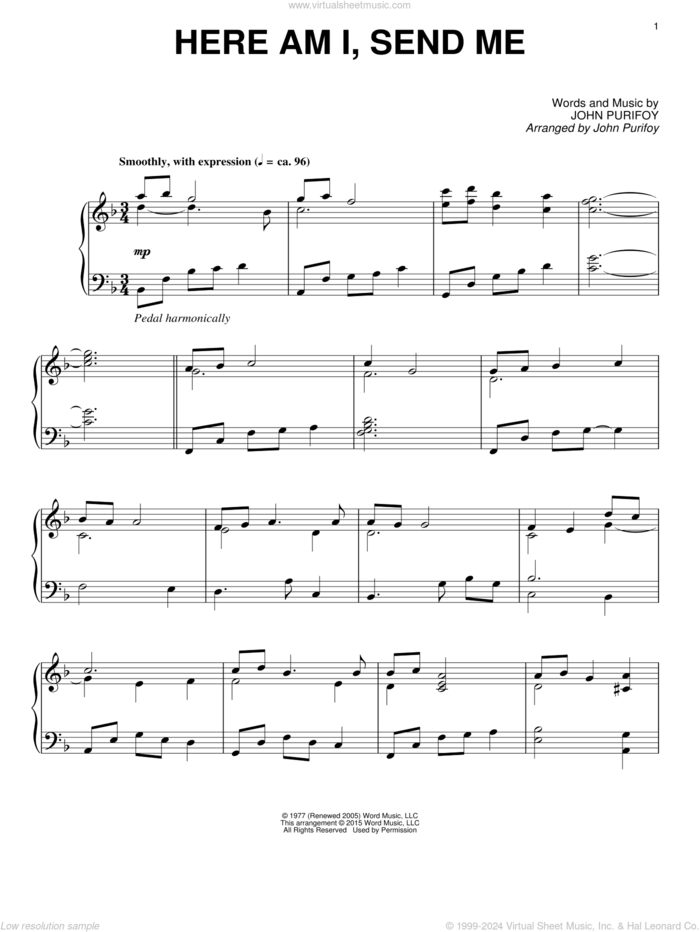 Here Am I, Send Me sheet music for piano solo by John Purifoy, intermediate skill level