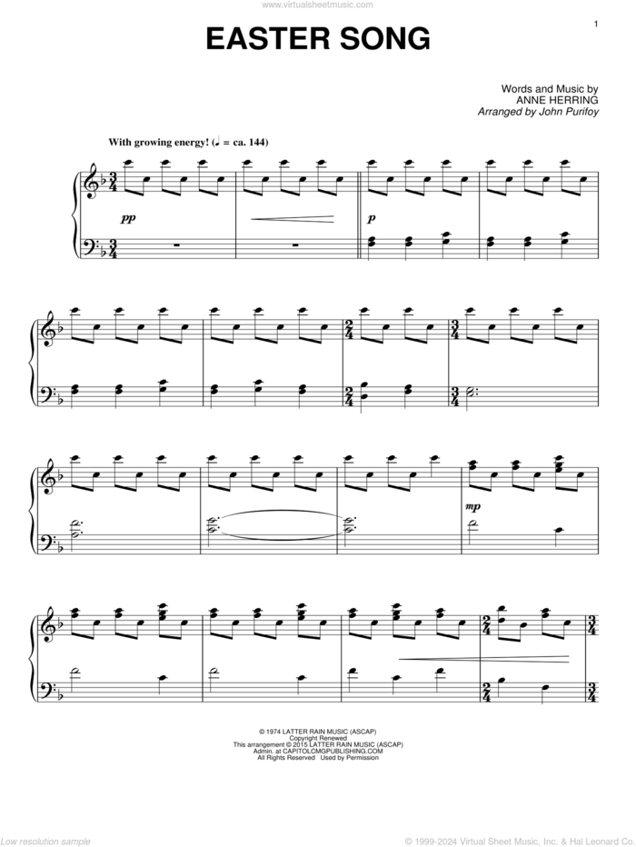 Easter Song sheet music for piano solo by Glad, 2nd Chapter Of Acts, John Purifoy and Anne Herring, intermediate skill level