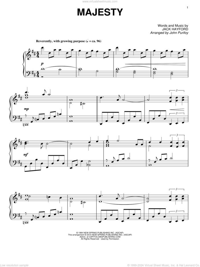 Majesty sheet music for piano solo by Jack Hayford and John Purifoy, intermediate skill level