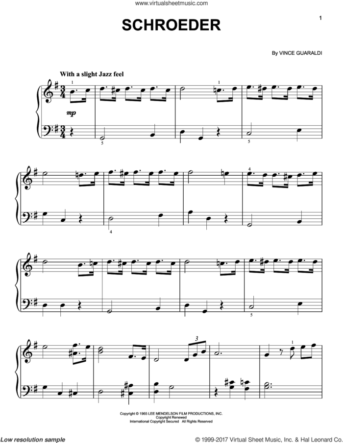 Schroeder sheet music for piano solo by Vince Guaraldi, easy skill level