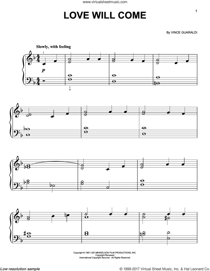 Love Will Come, (easy) sheet music for piano solo by Vince Guaraldi, easy skill level