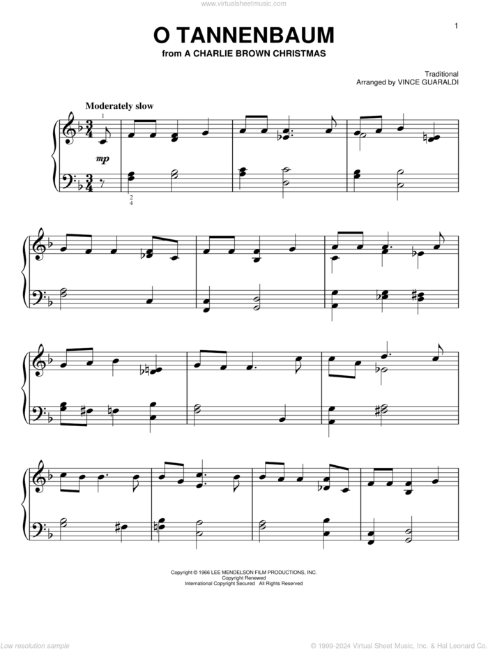 O Tannenbaum, (easy) sheet music for piano solo by Vince Guaraldi, easy skill level