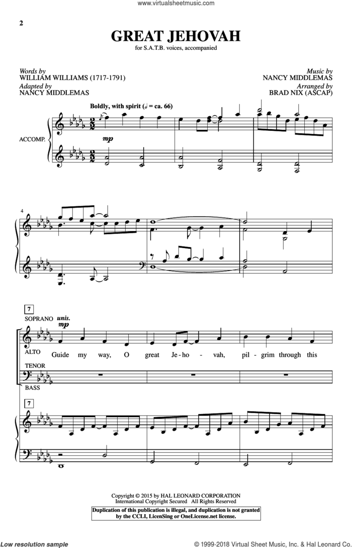 Great Jehovah sheet music for choir (SATB: soprano, alto, tenor, bass) by William Williams, Brad Nix, Nancy Middlemas and Nancy Middlemas (adapted), intermediate skill level