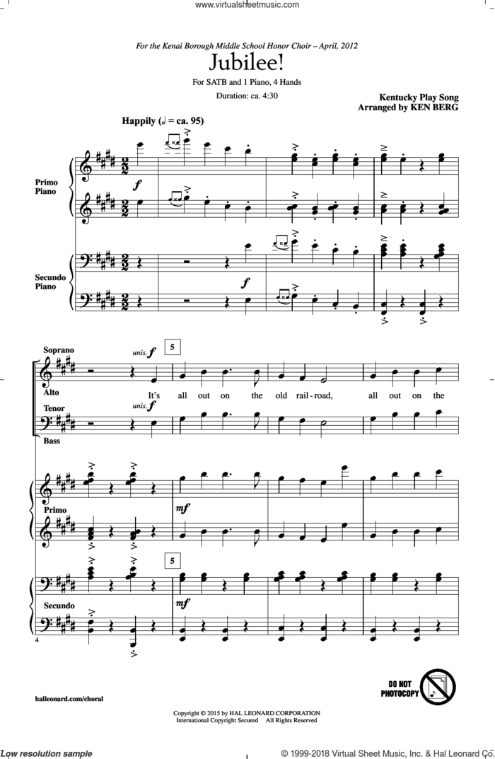 Jubilee! sheet music for choir (SATB: soprano, alto, tenor, bass) by Ken Berg and Kentucky Play Song, intermediate skill level