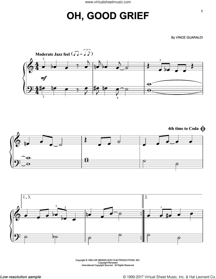 Oh, Good Grief sheet music for piano solo by Vince Guaraldi, easy skill level