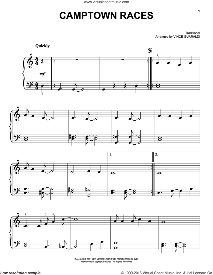 Camptown Races sheet music for piano solo by Vince Guaraldi, easy skill level