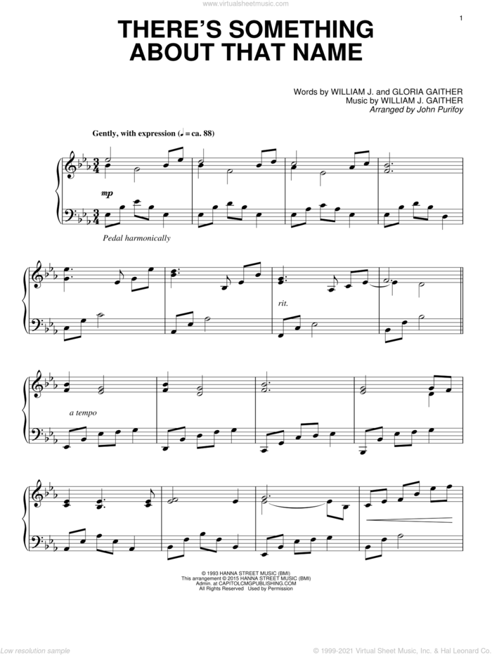 There's Something About That Name sheet music for piano solo by Gloria Gaither, John Purifoy and William J. Gaither, intermediate skill level