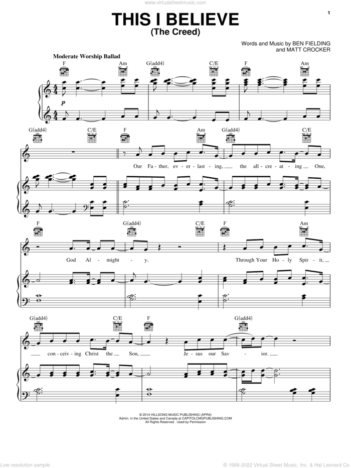 This I Believe (The Creed) sheet music for voice, piano or guitar by Hillsong Worship, Ben Fielding and Matt Crocker, intermediate skill level