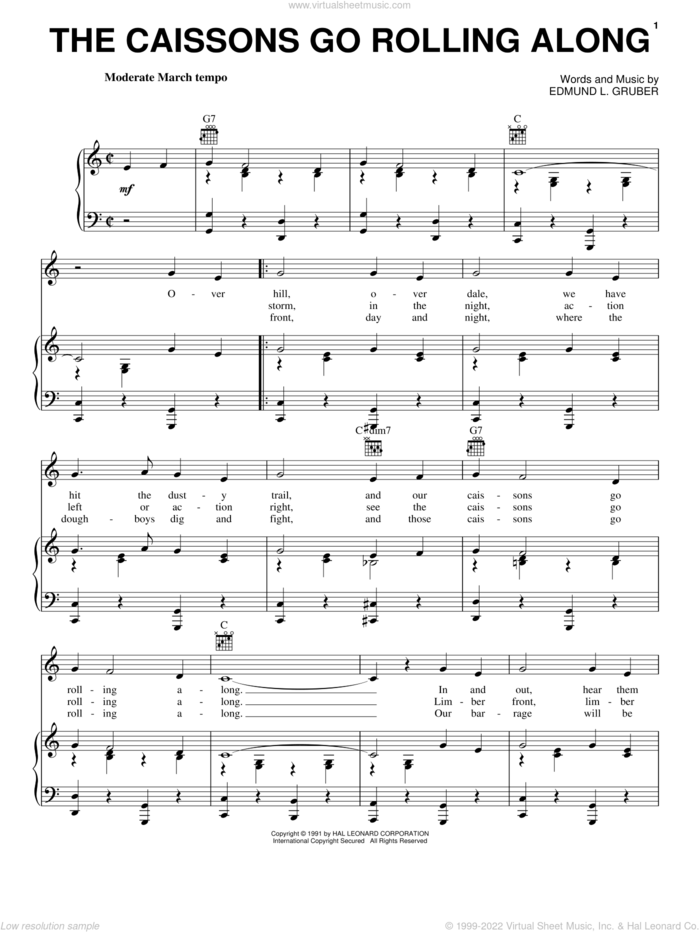 The Caissons Go Rolling Along sheet music for voice, piano or guitar by Edmund L. Gruber, intermediate skill level