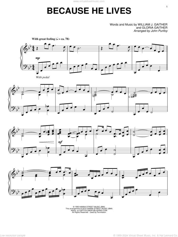 Because He Lives sheet music for piano solo by Gloria Gaither, John Purifoy and William J. Gaither, intermediate skill level