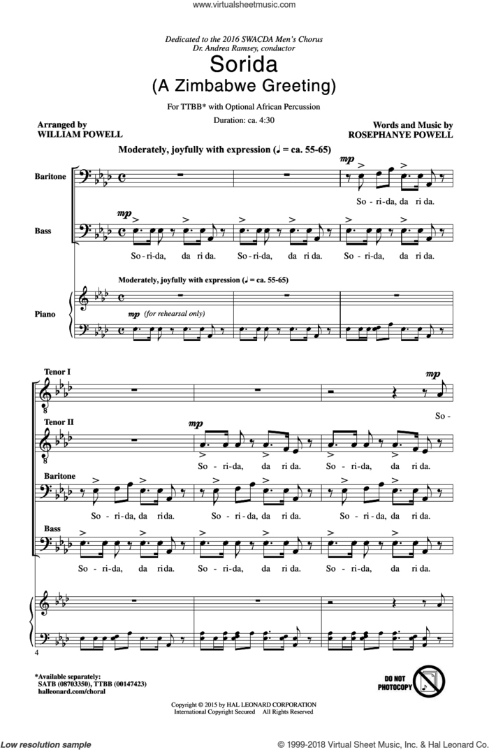 Sorida sheet music for choir (TTBB: tenor, bass) by Rosephanye Powell and William Powell, intermediate skill level