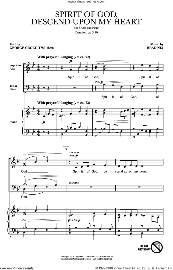 Spirit Of God, Descend Upon My Heart sheet music for choir (SATB: soprano, alto, tenor, bass) by Brad Nix and George Croly, intermediate skill level