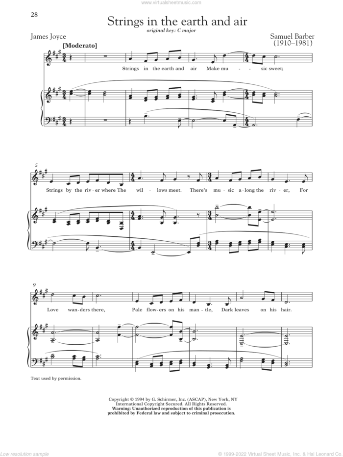 Strings In The Earth And Air sheet music for voice and piano (High Voice) by Samuel Barber, Richard Walters and James Joyce, classical score, intermediate skill level
