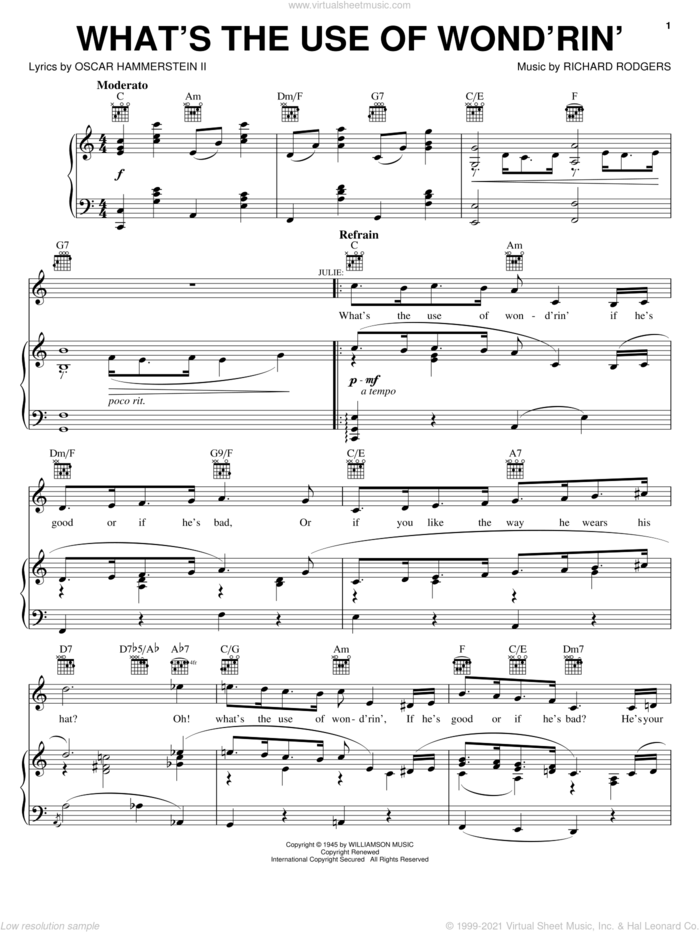What's The Use Of Wond'rin' sheet music for voice, piano or guitar by Rodgers & Hammerstein, Carousel (Musical), Oscar II Hammerstein and Richard Rodgers, intermediate skill level