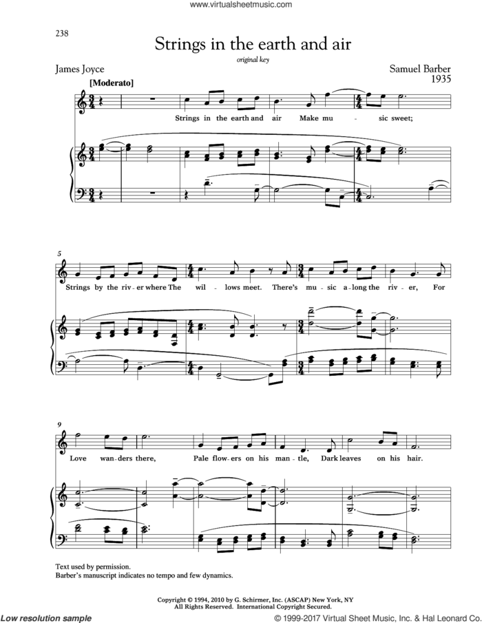 Strings In The Earth And Air sheet music for voice and piano (High Voice) by Samuel Barber, Richard Walters and James Joyce, classical score, intermediate skill level