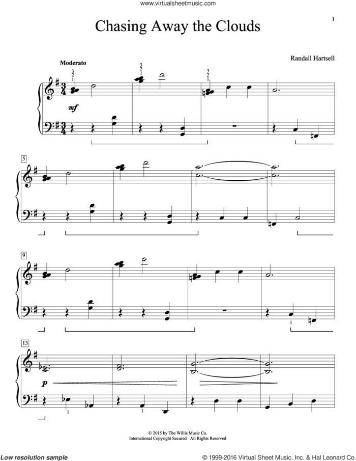 Chasing Away The Clouds sheet music for piano solo (elementary) by Randall Hartsell, beginner piano (elementary)