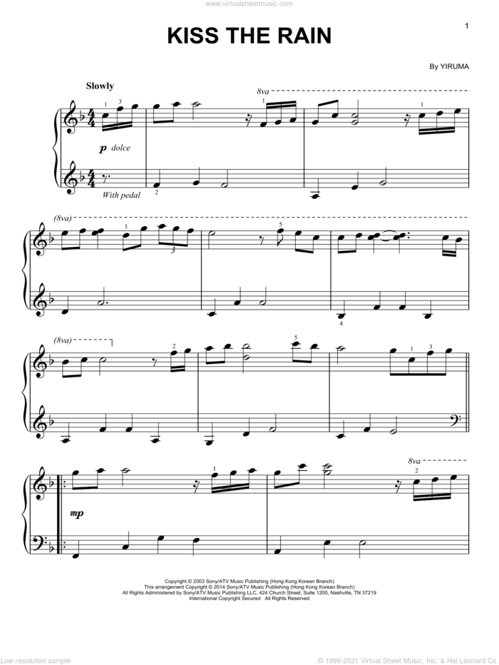 Kiss The Rain, (easy) sheet music for piano solo by Yiruma, classical score, easy skill level